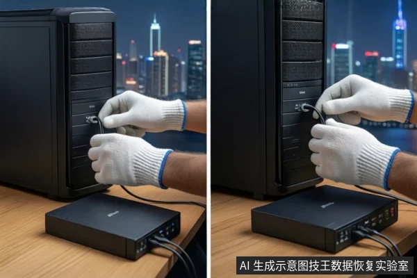 木质桌面上,左侧竖立一台黑色塔式主机,前景平放一个黑色外接硬盘盒。一双戴白手套的手正在操作主机正面的接口,背景为模糊的城市夜景。
