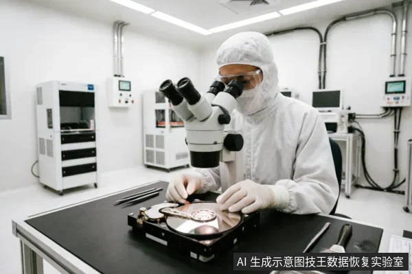 一名身穿全套白色洁净服、佩戴护目镜和手套的技术人员，正在洁净室环境中通过立体显微镜仔细检查一块已打开盖板的机械硬盘。操作台上放置着镊子和除尘毛刷等精密工具，背景可见专业实验设备。