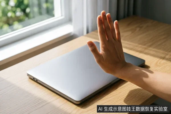 一只手掌在闭合的银色笔记本电脑前做出停止手势,阳光从左侧窗户照射在木质桌面上,示意暂停操作或禁止接触设备。