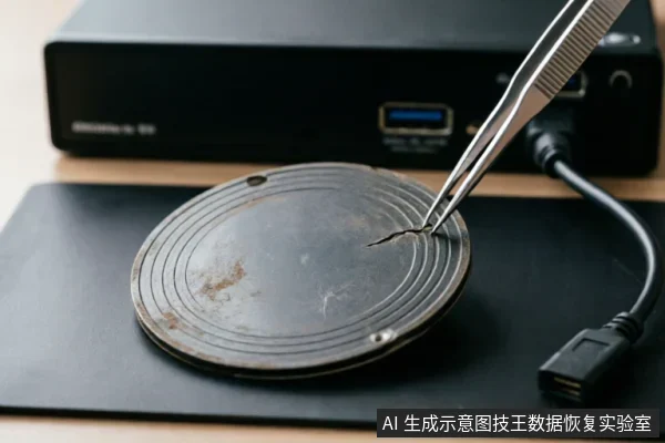 一把金属镊子夹住一块表面布满同心圆纹路且带有裂痕的圆形金属盘体,背景模糊可见一台带有蓝色USB接口的黑色电子设备(类似NAS主机)及连接线缆。