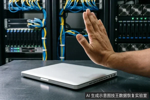 一只手掌在闭合的银色笔记本电脑前做出停止手势,背景为模糊的服务器机柜。画面直观传达在数据恢复或硬盘操作前立即停止、止损及谨慎核对的安全原则。