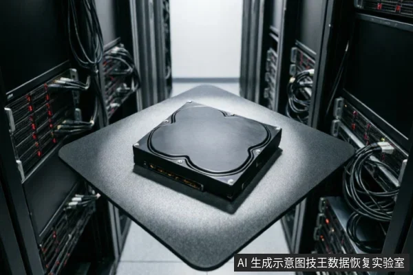 一个黑色硬盘盒放置在服务器机房的金属台面上，背景为排列整齐的服务器机柜和连接线缆。