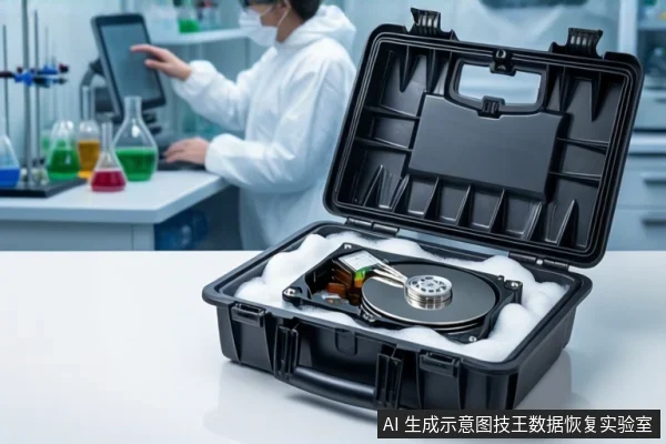白色桌面上放置一个打开的黑色防震箱,箱内白色泡沫中固定着一块打开外壳的机械硬盘,露出盘片与磁头组件。背景为模糊的实验室环境,可见实验台、烧瓶和一名身穿白色无尘服的技术人员正在操作设备。
