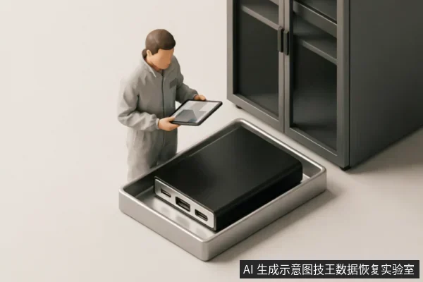 一名身穿灰色连体工作服的专业人员手持平板电脑,站在一个银色金属托盘旁。托盘中放置着一块黑色的移动硬盘,背景可见深灰色的专业设备柜。画面展示了在受控洁净环境中对存储介质进行专业检测与状态评估的场景。