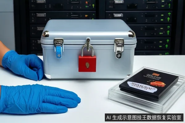 白色防静电工作台上,中间为闭合的银色金属防震箱,箱前挂有红色挂锁。左侧一双戴蓝色手套的手平放在桌面上,右侧透明底座上平放一块闭合的黑色机械硬盘,背景可见服务器机柜。