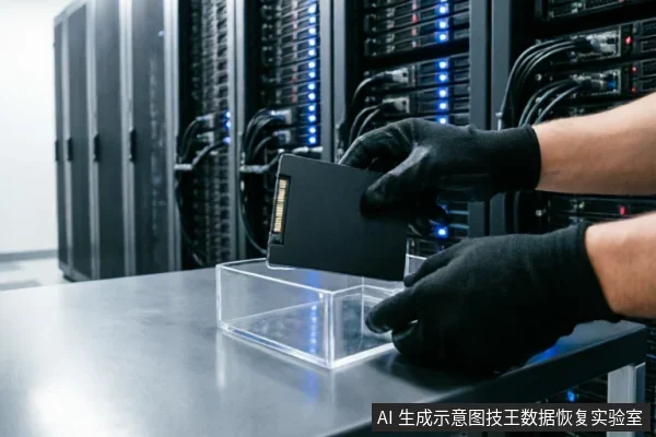 戴着黑色防静电手套的技术人员双手持握一块黑色固态硬盘,正准备将其放入金属工作台上的透明只读隔离盒中。背景为模糊的服务器机柜和蓝色指示灯,展示了专业数据恢复机构对故障硬盘进行安全检测与只读备份的标准操作流程。