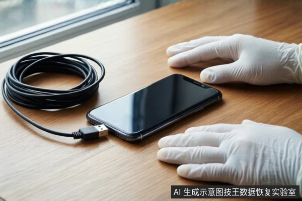 木质桌面上平放一部黑屏智能手机,左侧盘绕着一根黑色USB数据线。一双戴白色手套的手平放在手机两侧,背景为模糊的窗户。