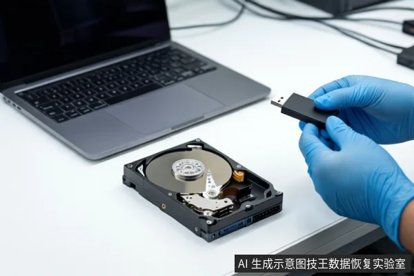 白色桌面上左侧有一台打开的银色笔记本电脑，中间平放一块打开外壳的机械硬盘，可见盘片、主轴和磁头臂。右侧一双戴蓝色手套的手正持握一个黑色USB闪存盘。