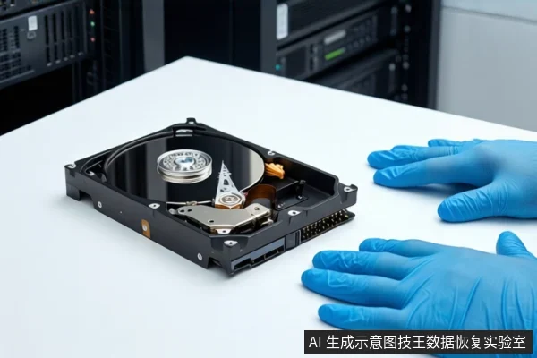 白色桌面上平放一块打开外壳的机械硬盘，露出盘片与磁头组件。右侧戴蓝色手套的双手平放在桌面上，背景为模糊的服务器机柜。