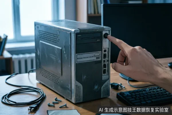 一只手指正按压一台布满灰尘的旧式台式机机箱电源键，桌面上散落着SATA数据线和电源线，旁边还有几颗拆机螺丝。画面展示了电脑硬件连接排查与通电测试的场景。