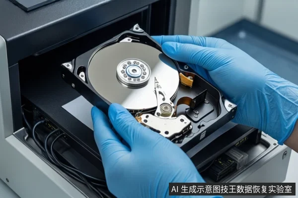 一双戴蓝色手套的手正握持一块打开外壳的机械硬盘,露出盘片与磁头组件,背景为模糊的实验室环境。