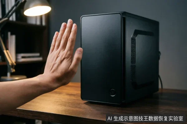 一只手掌在黑色台式电脑主机箱前做出停止手势，示意禁止操作。背景为昏暗环境下的木质桌面与台灯，强调在硬盘识别异常时立即断电、避免写入数据的紧急止损原则。