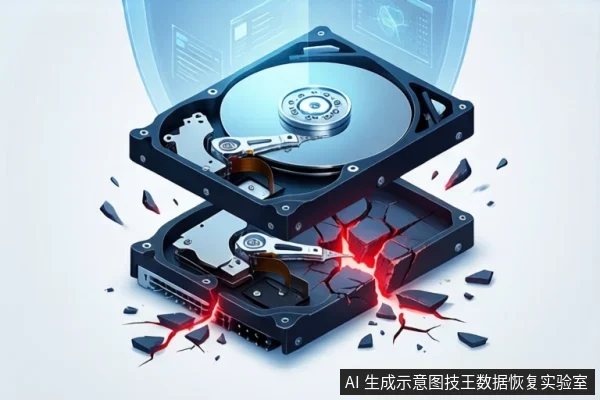 白色背景中，两块打开外壳的机械硬盘上下堆叠，下方硬盘外壳出现红色裂纹并伴有黑色碎片飞溅，背景有蓝色数据界面。