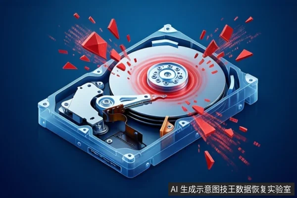 深蓝色背景中，一块打开外壳的机械硬盘平放，盘片中心发出红光，周围有红色几何碎片飞溅，呈现硬盘故障或数据丢失的抽象示意。