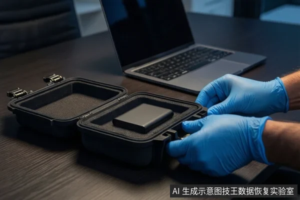 深色桌面上,左侧有两个打开的黑色防震箱,其中一个箱内放置一块黑色固态硬盘。右侧一双戴蓝色手套的手正在操作防震箱的卡扣。背景有一台银色笔记本电脑。