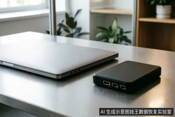A closed silver laptop sits on a desk next to a black external hard drive, illustrating the hardware connection context for troubleshooting freezing issues.