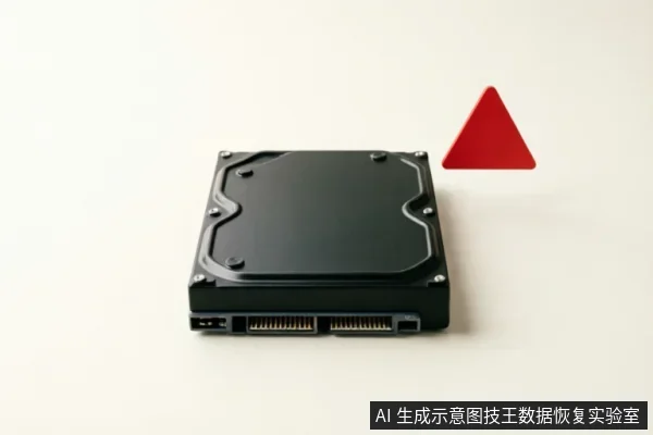 白色背景上放置一块黑色机械硬盘,其右上方悬浮着一个醒目的红色三角形警告标志。画面通过警示符号强调设备存在故障风险,示意用户应立即停止通电与操作,切勿自行拆解或扫描,需等待专业机构评估。