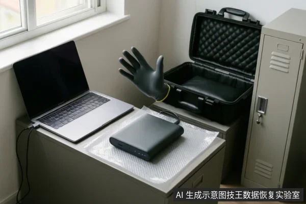 办公角落的桌面上放着笔记本电脑和一块移动硬盘，旁边有一个打开的黑色防震箱，一只戴黑色手套的手悬在硬盘上方示意。