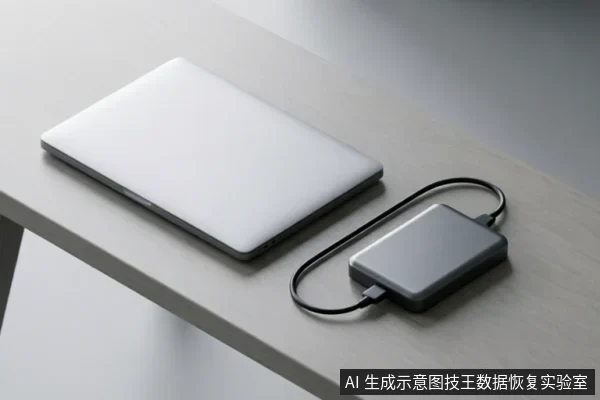 一张闭合的银色笔记本电脑放置在浅色木纹桌面上，通过黑色数据线连接着一个灰色的长方形移动硬盘。画面展示了外部存储设备与电脑的连接状态，无屏幕显示或操作细节。