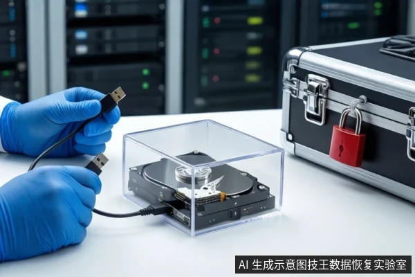 白色桌面上,前景一双戴蓝色手套的手持USB数据线,中间透明盒内平放一块打开外壳的机械硬盘,右侧为挂有红色挂锁的银色金属防震箱,背景为模糊的服务器机柜。