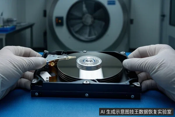 洁净室环境中,蓝色防静电垫上平放一块打开外壳的机械硬盘,露出盘片与磁头组件。前景一双戴白色手套的手正扶着硬盘两侧边缘。背景是一台大型圆形真空晶圆处理设备。