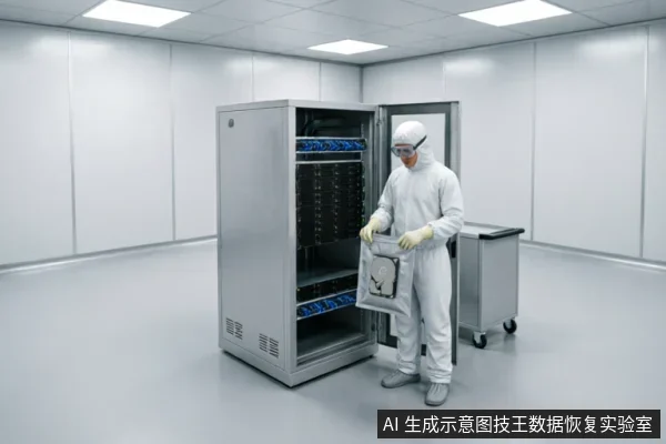 一名身穿全套白色防尘服、佩戴护目镜和手套的专业人员，站在洁净室环境中的服务器机柜旁。他手中拿着一个装有硬盘的防静电屏蔽袋，准备进行专业操作或评估，背景可见金属推车和整齐排列的服务器设备。