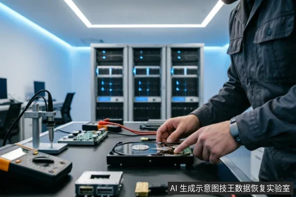 在拥有服务器机柜背景的专业洁净室内，技术人员正在对拆解的机械硬盘进行精密操作。桌面上摆放着万用表、电路板及专用测试工具，展示了具备无尘防静电条件的专业数据恢复检测环境。