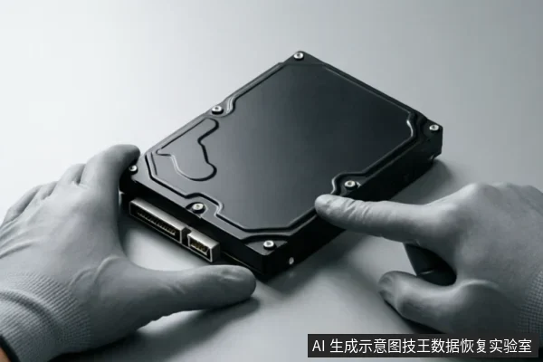 一双戴着灰色防静电手套的手正在平稳托举一块黑色机械硬盘,展示了在故障评估阶段对存储介质进行物理接触和只读检查的专业操作场景。