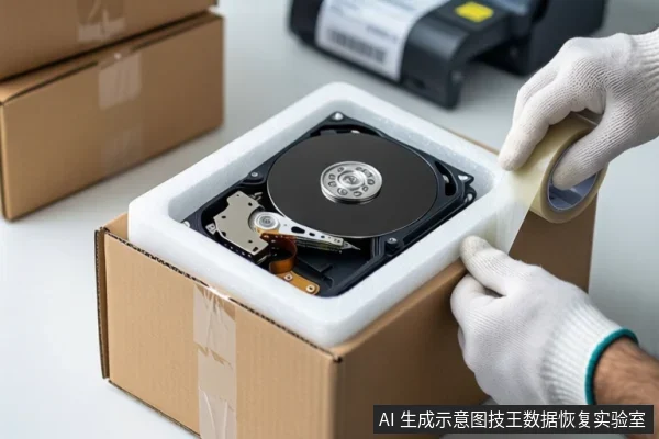 白色桌面上,一双戴白色手套的手正用胶带封箱,纸箱内白色泡沫中放置一块打开外壳的机械硬盘,背景有纸箱和标签打印机。
