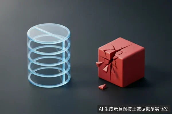 画面左侧为一个透明且完好的圆柱体结构,象征逻辑层面的数据或存储介质;右侧为一个表面布满裂纹并伴有碎块脱落的红色立方体,象征物理损伤。两者并列放置,直观对比了未受损与已损坏的状态。