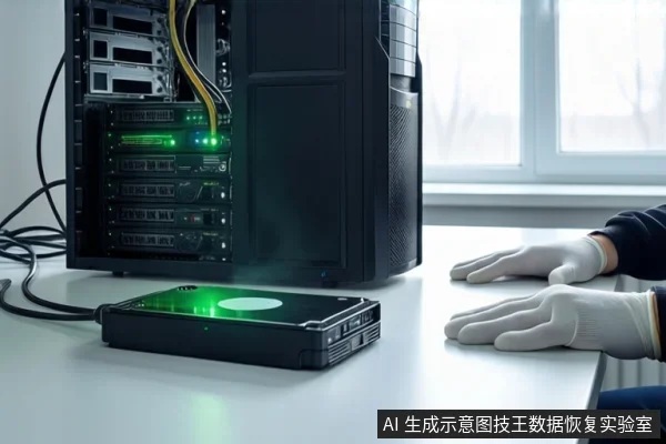 白色桌面上,左侧竖立一台黑色塔式主机,前方平放一个黑色外接硬盘盒,右侧一双戴白色手套的手平放在桌边,背景为模糊的窗户。