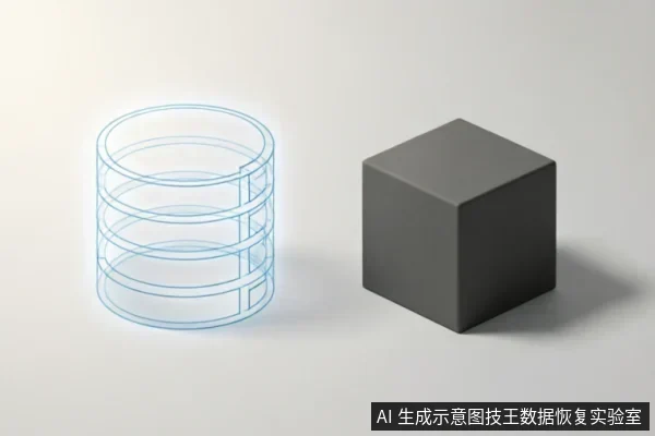 画面左侧为一个发光的蓝色线框圆柱体,象征数据库或存储介质;右侧为一个深灰色实心立方体。两者并排置于白色背景上,无具体硬件细节,用于抽象示意数据与物理介质的概念关系。
