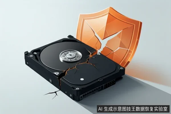 画面中一块黑色机械硬盘表面出现明显裂纹，旁边立着一面橙色盾牌图标，盾牌上也有裂纹，背景为浅灰色。