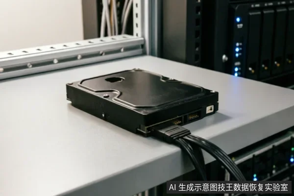 一张连接着数据线和电源线的机械硬盘放置在服务器机柜的灰色金属台面上,背景可见带有蓝色指示灯的机架式设备。