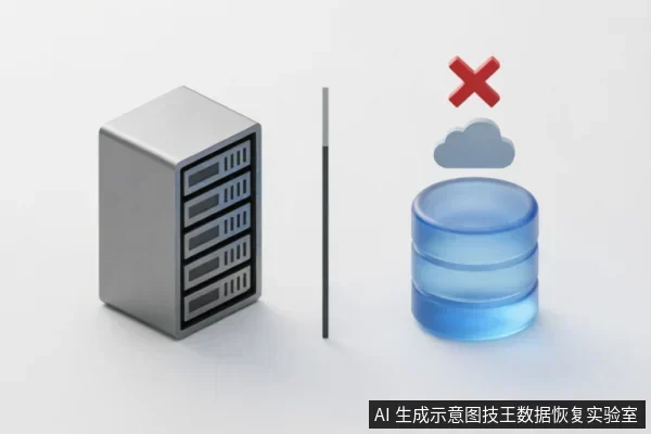 画面左侧为一个银色塔式服务器机箱,中间有一根黑色竖线将其与右侧隔开。右侧是一个蓝色圆柱形数据库图标,其上方悬浮着一朵云和一个红色的叉号,直观地表示云端远程连接或恢复服务被禁止或不可用。