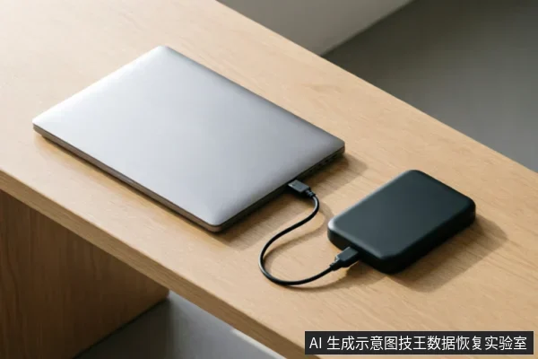 一台闭合的银灰色笔记本电脑放置在浅色木纹桌面上,侧面通过黑色数据线连接着一个黑色的移动硬盘,展示了电脑与外部存储设备的外部物理连接状态。