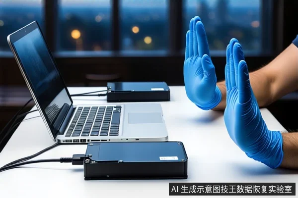 白色桌面上,左侧是一台银色笔记本电脑,中间平放一个黑色外接硬盘盒,通过黑色USB线缆连接至电脑。右侧一双戴蓝色手套的手掌相对,做出停止手势。背景可见模糊的窗户。