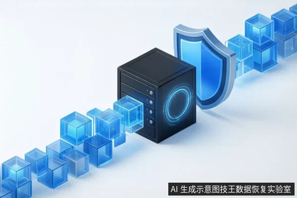 白色背景中,一台黑色服务器主机居中,正面有蓝色光环。主机两侧延伸出蓝色透明立方体链条,右侧悬浮一个蓝色盾牌图标。右下角有固定标识。