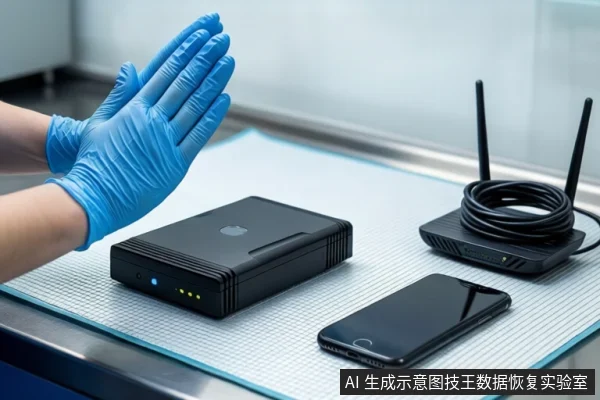 白色防静电垫上,左侧一双戴蓝色手套的手掌相对,中间平放一个黑色外接硬盘盒,右侧有一部黑色智能手机和一个带两根天线的黑色路由器,路由器上盘绕着黑色线缆。