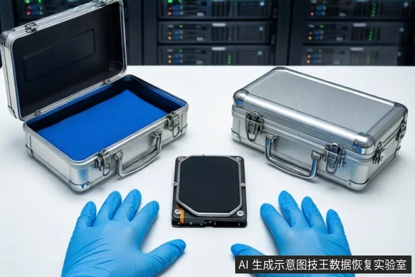 白色桌面上,前景一双戴蓝色手套的手平放。中间平放一块黑色固态硬盘,左侧为打开的银色金属防震箱,右侧为闭合的银色金属防震箱。背景为模糊的服务器机柜。