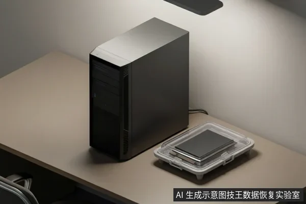 桌面上放置一台黑色立式电脑主机，旁边有一个透明塑料盒，盒内装有一块黑色固态硬盘。