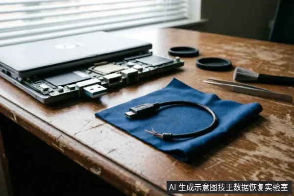 一张木质工作台上放置着一台已拆开外壳的笔记本电脑，露出内部主板结构。旁边摆放着蓝色清洁布、一根USB数据线以及镊子、毛刷等维修工具，呈现出硬件检修或故障排查的场景。