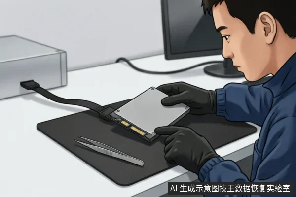 一名身穿蓝色工作服、佩戴黑色防静电手套的技术人员,正将一块2.5英寸SATA硬盘连接至外部只读保护设备。桌面上放置有防静电垫和金属镊子,背景可见显示器,展现了专业数据恢复中的硬件检测与原始介质保护场景。