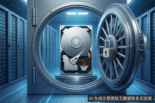 蓝色灯光的机房内，圆形金属保险库门打开，内部底座上竖立一块打开外壳的机械硬盘，门上挂有银色挂锁，背景为服务器机柜。