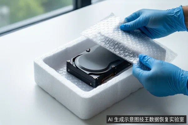 白色桌面上,白色泡沫箱内放置一块黑色机械硬盘,一双戴蓝色手套的手正揭开上方气泡膜,背景为模糊窗户。