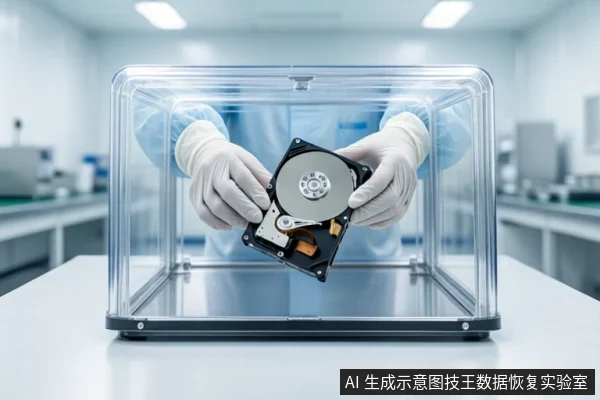 洁净室环境中，一双戴白色手套的手在透明防尘箱内持握一块打开外壳的机械硬盘，背景为模糊的实验室设备。