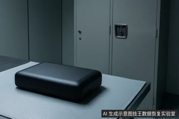 画面中，一个黑色的移动硬盘盒静置在一张浅色桌面上，背景是灰色的金属文件柜。