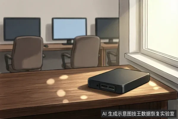 一张木质办公桌上放置着一个黑色的外接硬盘盒，背景模糊可见电脑显示器和办公椅。阳光透过窗户洒在桌面上，营造出安静的办公环境氛围，用于示意数据恢复前的设备隔离与保护场景。