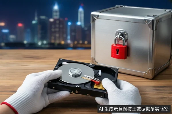 木质桌面上，戴白手套的双手正持握一块打开外壳的机械硬盘，右侧放置一个挂有红色挂锁的银色金属防震箱，背景为模糊的城市夜景。