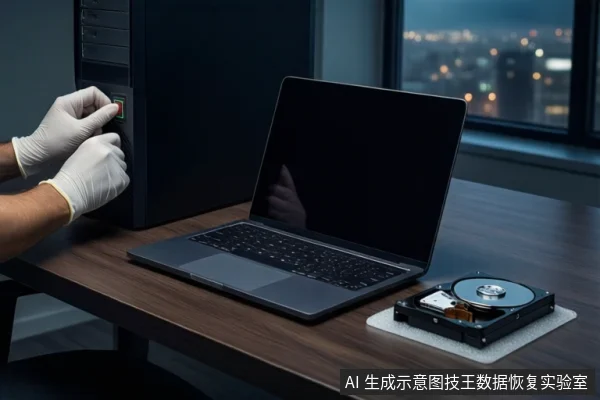 木质桌面上,戴白手套的双手正按压黑色塔式主机正面的红色电源按钮,中间有一台屏幕关闭的笔记本电脑,右侧白色垫子上平放一块打开外壳的机械硬盘,背景为模糊的城市夜景。